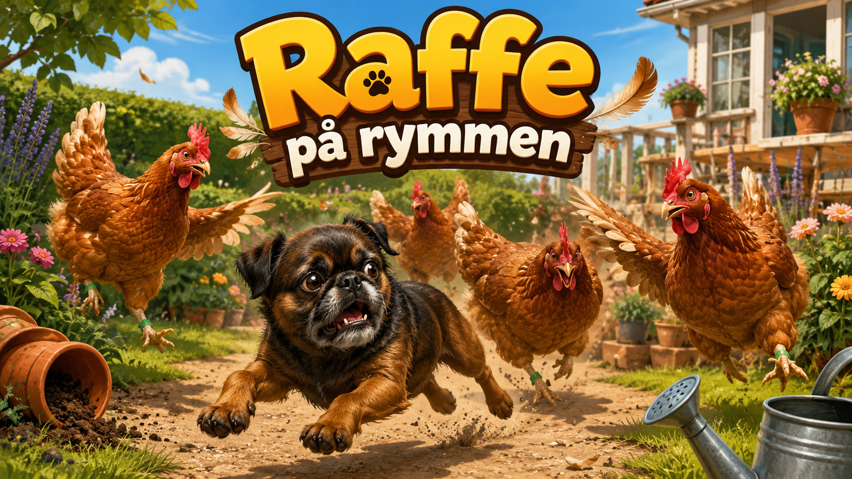 Raffe springer genom Karins trädgård medan flera hönor jagar honom. Texten Raffe på rymmen visas högst upp.